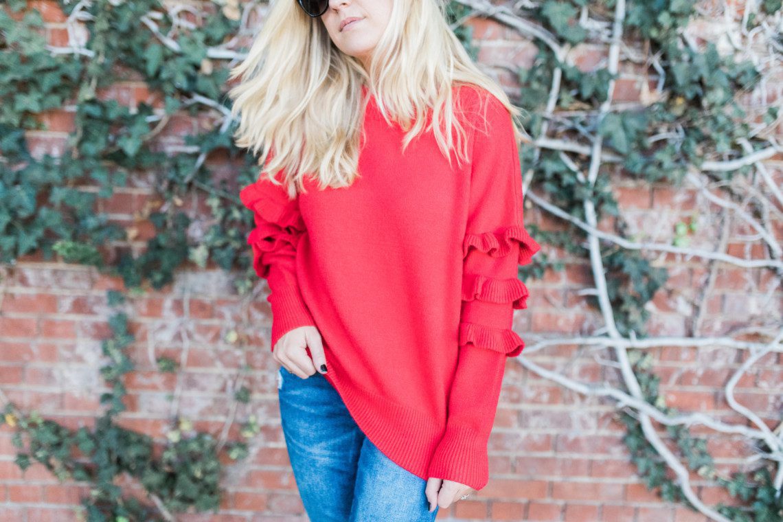 This red, ruffle sweater from Anthropologie is a must-have for fall 2017.
